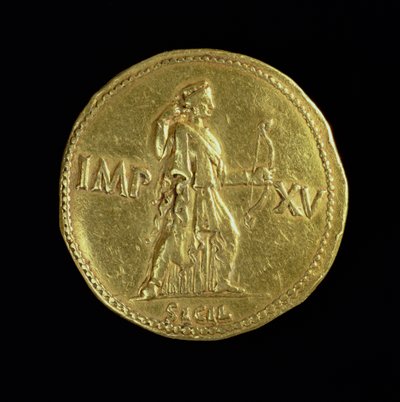 Gouden multiple (achterkant) van keizer Augustus (31 v.Chr.-14 n.Chr.) met de godin Diana. Opschrift: IMP XV links en rechts van Diana, onder SICIL door Roman